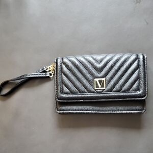 Black Leather Victoria's Secret Quilted Leather Wristlet Wallet Clutch